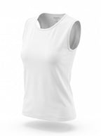 A white sleeveless athletic tank top shown on a ghost mannequin against a clean white background.