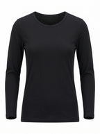 A black long-sleeve crewneck t-shirt displayed on a ghost mannequin against a plain white background.