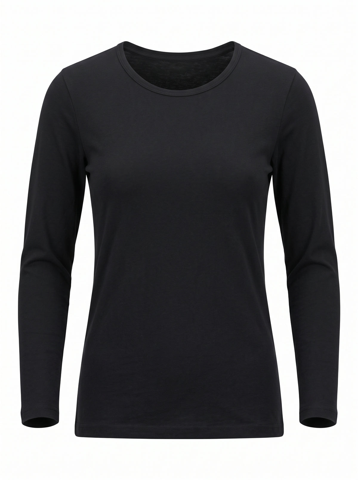 A black long-sleeve crewneck t-shirt displayed on a ghost mannequin against a plain white background.