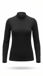 A black long-sleeve mock neck top displayed on a ghost mannequin against a plain white background.