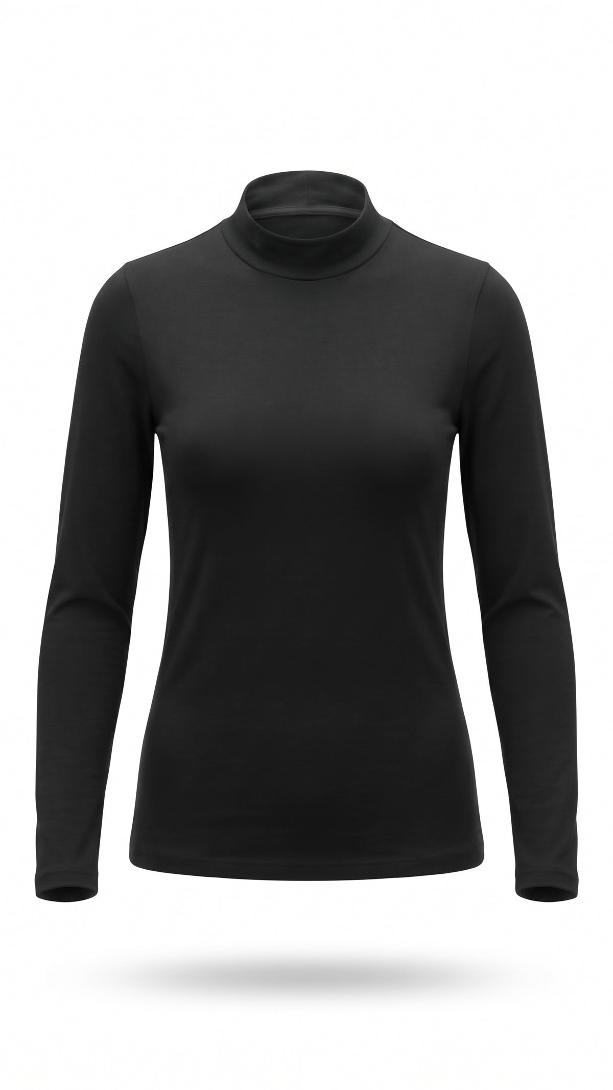 A black long-sleeve mock neck top displayed on a ghost mannequin against a plain white background.