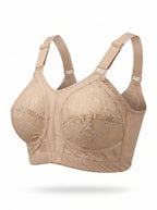 A beige wireless underwire bra with lace cups and adjustable shoulder straps, shown on a clean white background with a soft shadow underneath.