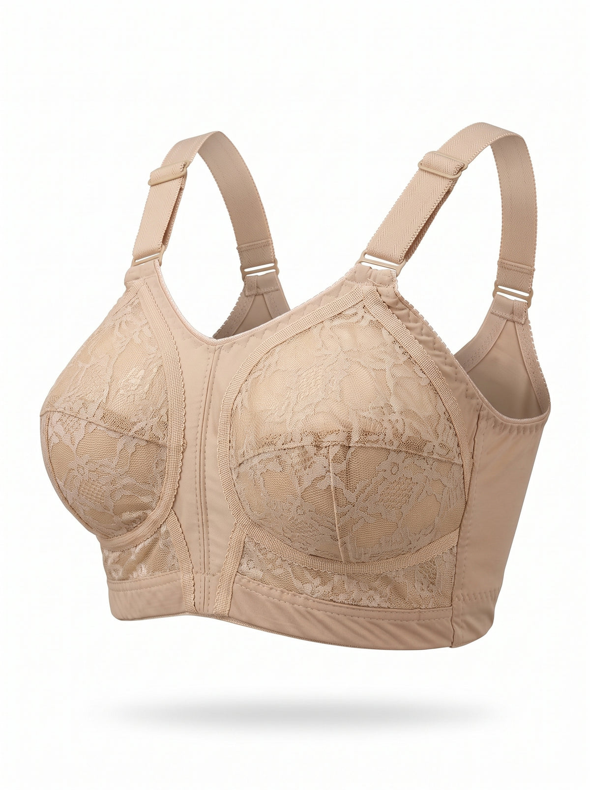 A beige wireless underwire bra with lace cups and adjustable shoulder straps, shown on a clean white background with a soft shadow underneath.