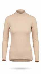 A beige long-sleeve mock neck top displayed on a ghost mannequin against a plain white background.