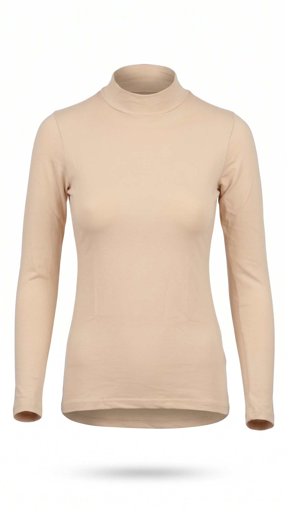 A beige long-sleeve mock neck top displayed on a ghost mannequin against a plain white background.