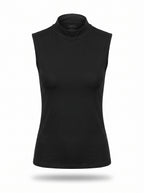 A black sleeveless mock neck top displayed on a ghost mannequin against a plain white background.