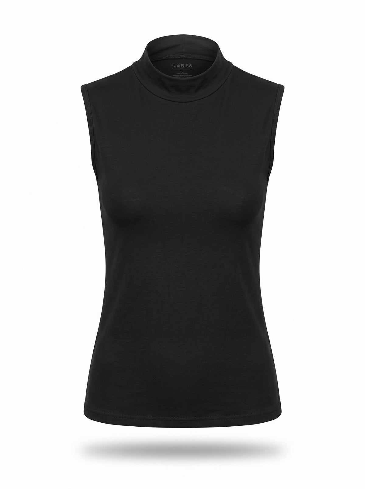 A black sleeveless mock neck top displayed on a ghost mannequin against a plain white background.