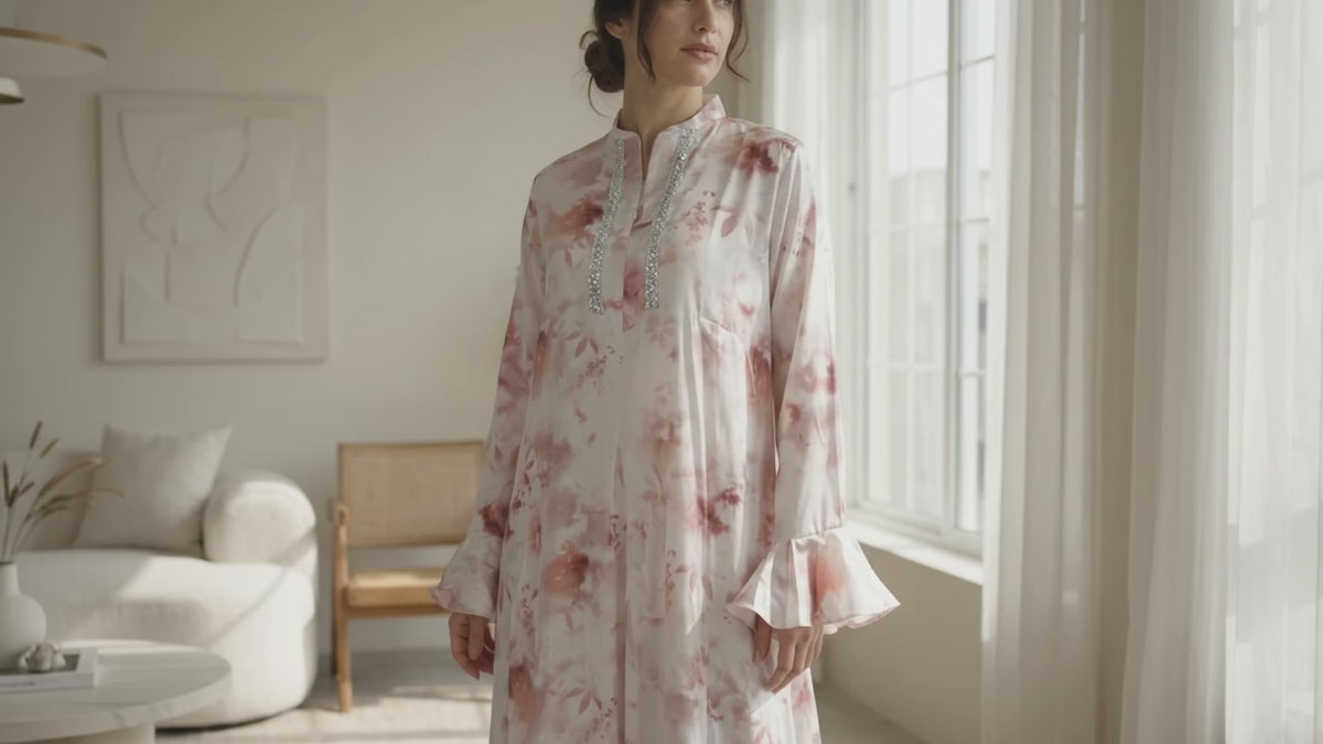 Floral Satin Maxi Dress with Long Sleeves
