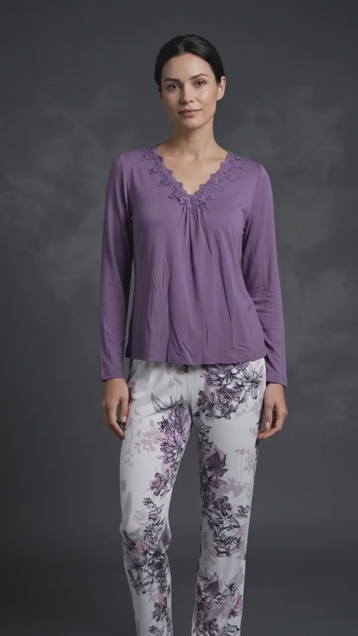 Women's Pajamas Purple Top and Floral Pants