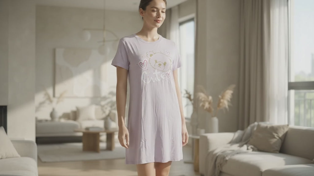 Lavender Short Sleeve Nightgown with a Cute Bear Print